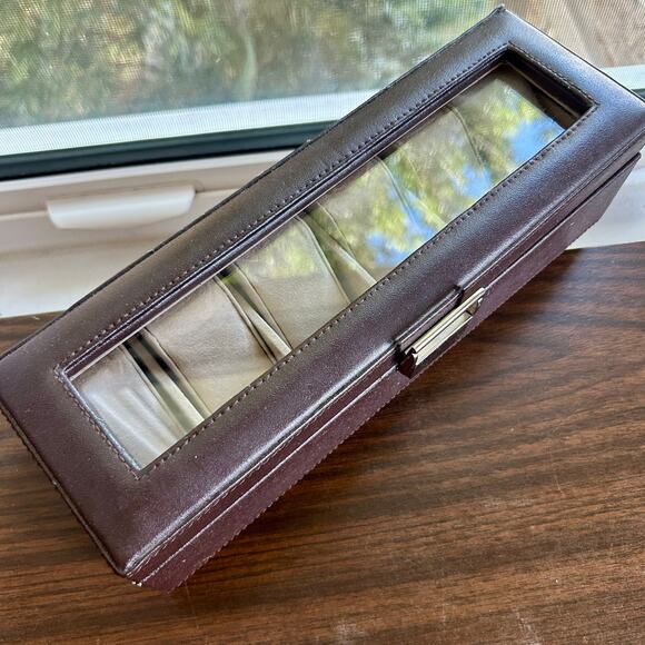 Vintage Brown Faux Leather 6 Slot Watch Box with Glass Lid and Cushions - Picture 7 of 16